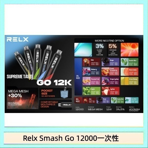 Relx Smash Go 12000一次性 Relx Smash Go 12000 Puffs 一次性電子煙拋棄式12W輸出